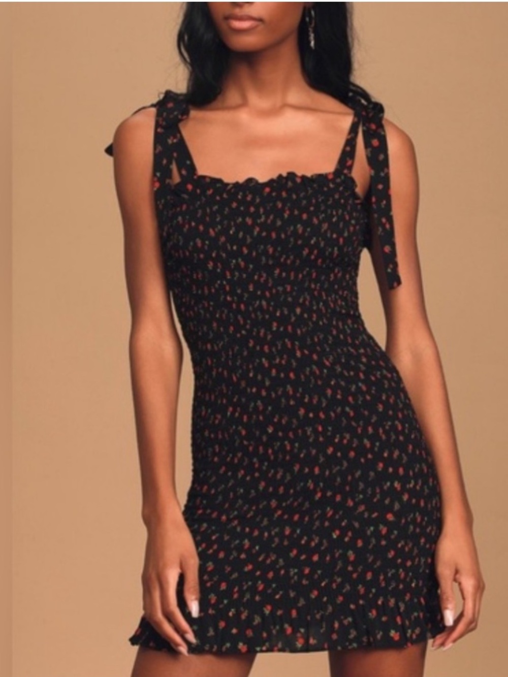 Free People Bella Black Floral Print Smocked Tie-Strap Bodycon Mini Dress
